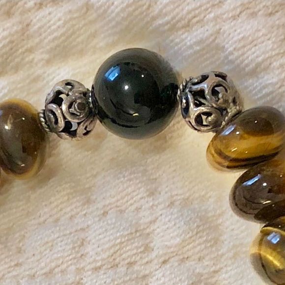 Black and Brown Tigers Eye Cabochon and Sterling Silver Filigree Bead Bracelet - Picture 3 of 4